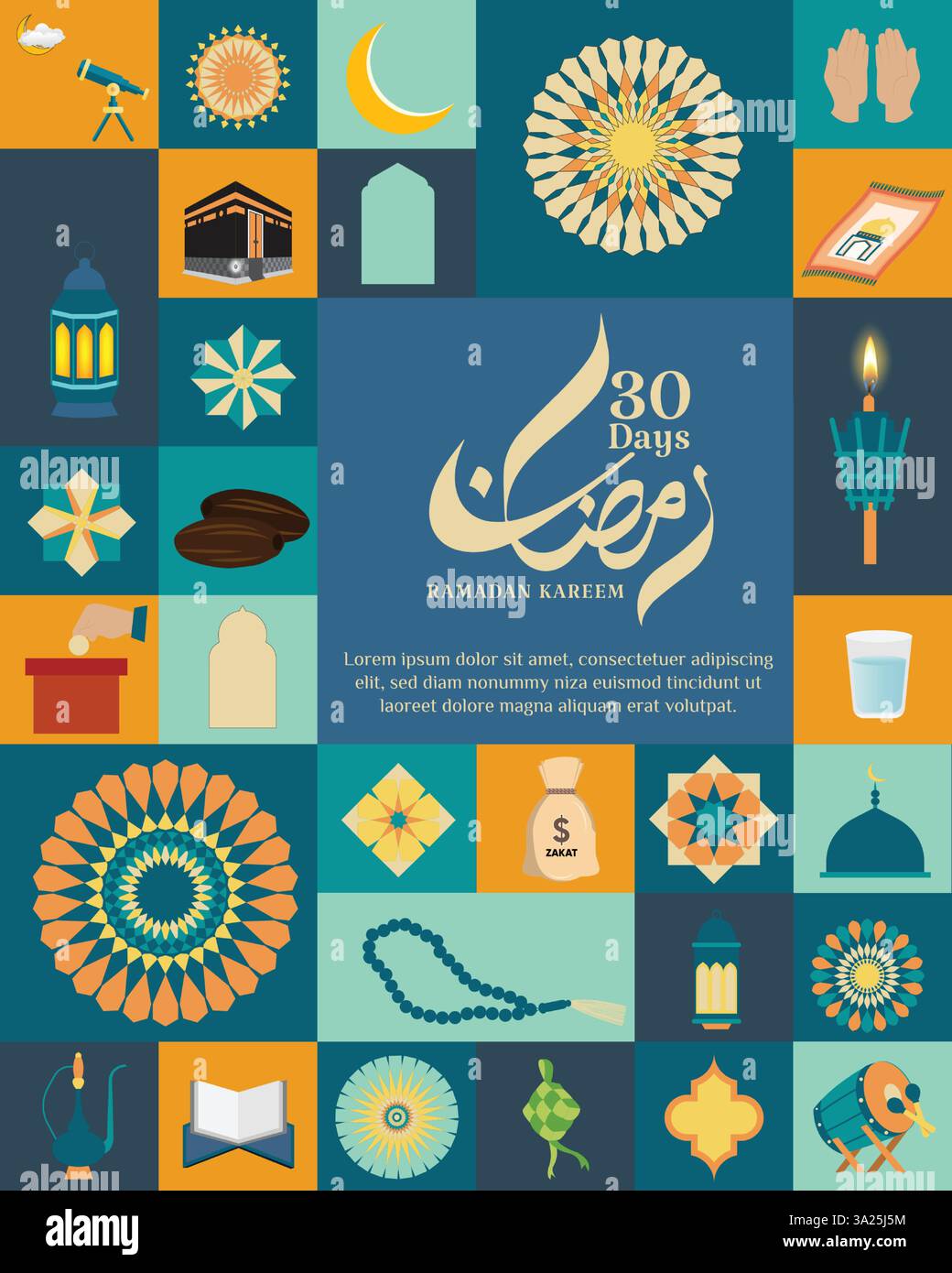 Ramadan Kareem vector illustration featuring Islamic elements, icons ...