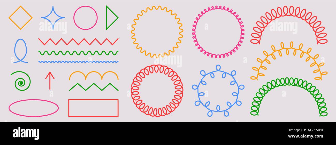 Spring coil shapes, spirals, wavy lines - colorful set of decorative geometric doodle elements. Zigzags, loops, curls and twirls for playful borders or frames. Vibrant hand drawn creative accents. Stock Vector