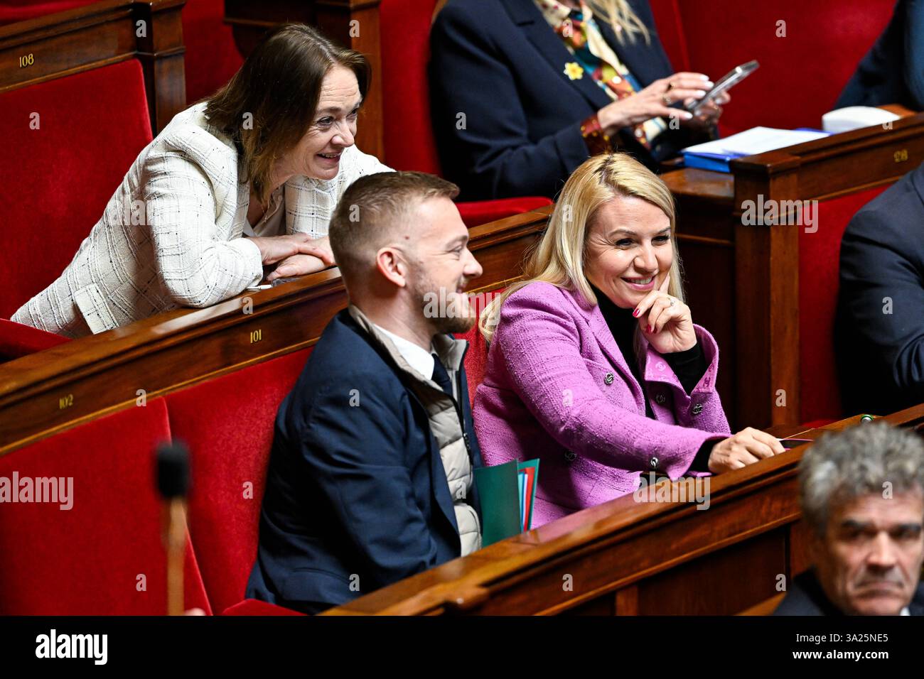 Caroline Parmentier Kevin Pfeffer and Edwige Diaz of Rassemblement National (RN) during a