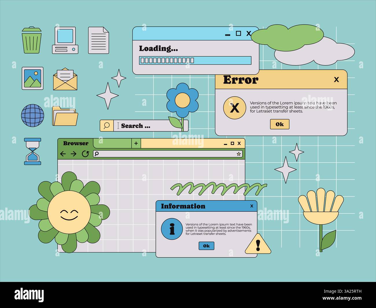 Computer GUI component user interface notification information alert warning loading website browser software application popup file document icon set Stock Vector