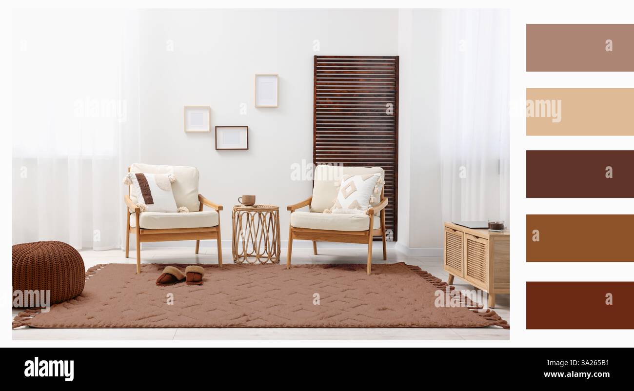 Stylish living room with elements in mocha mousse shade. Interior ...