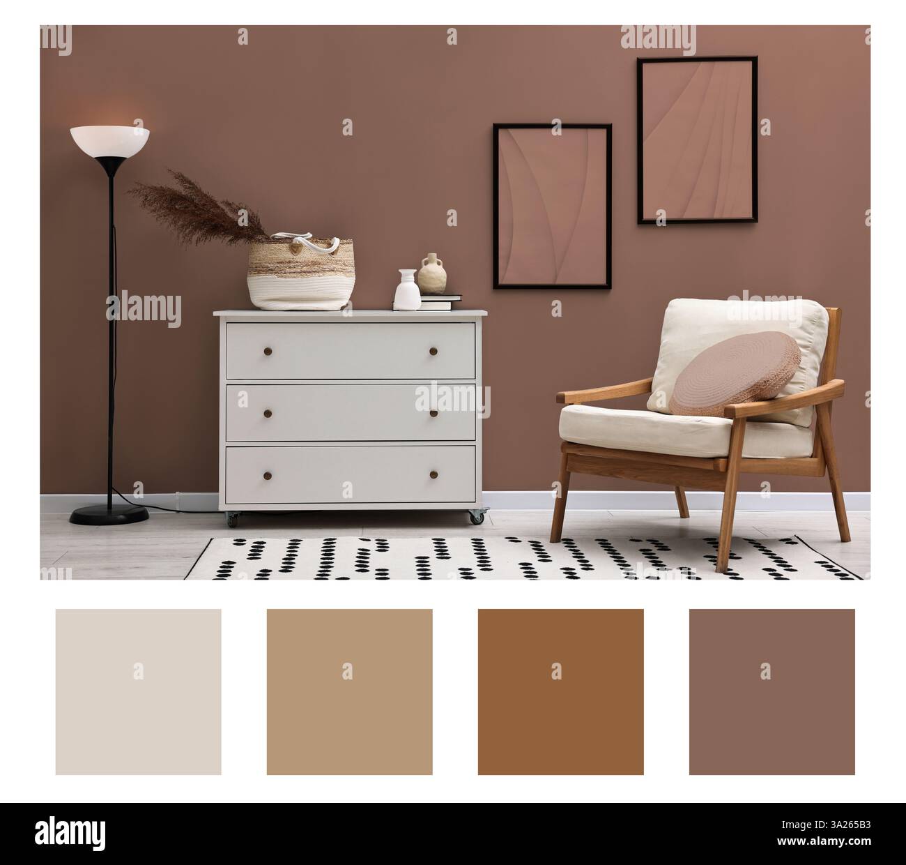 Stylish living room with elements in mocha mousse shade. Interior ...