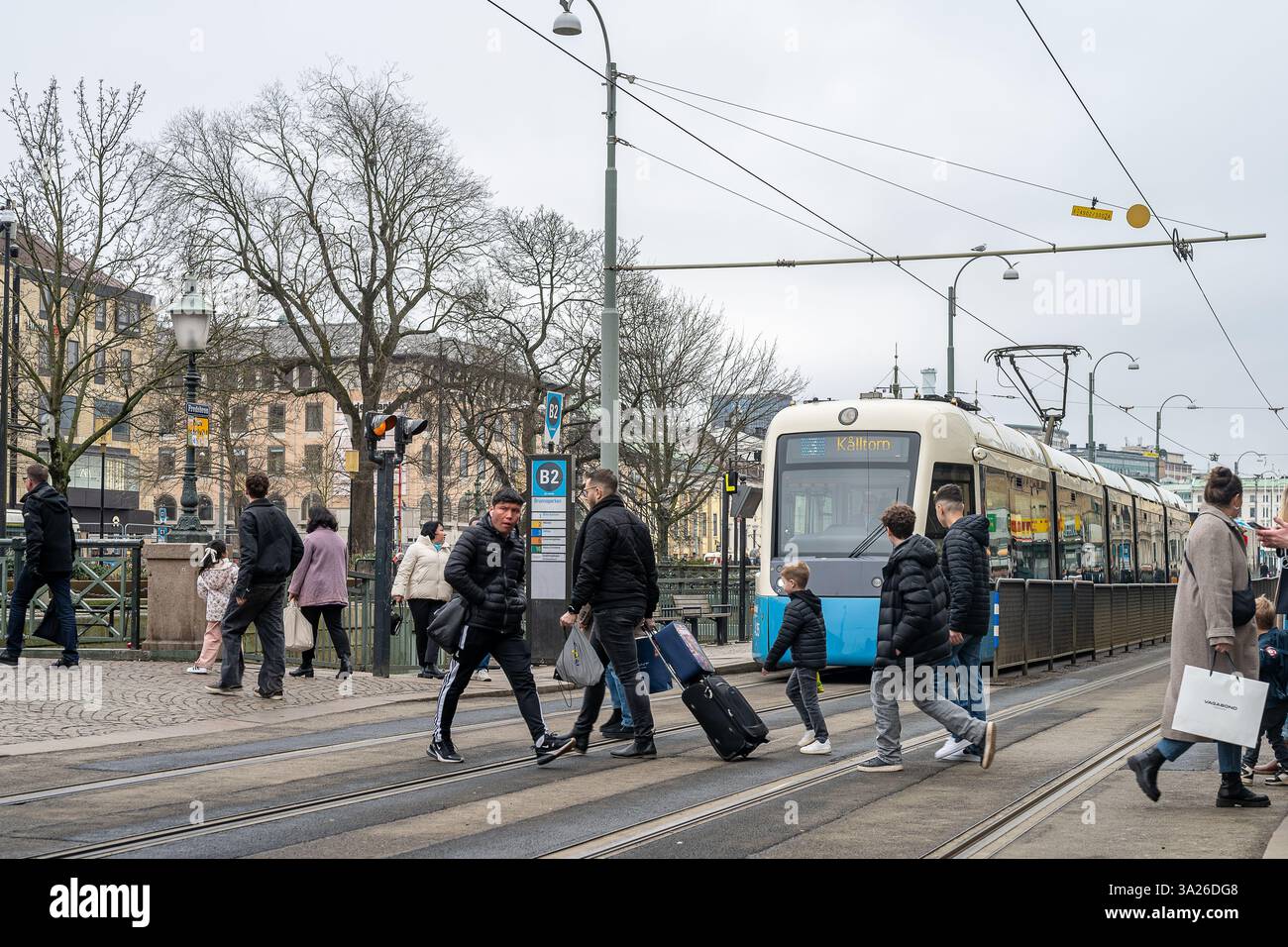 The iconic blue trams of Gothenburg on a cloudy day in early March 2025. Gothenburg is the second largest city in Sweden. Stock Photo