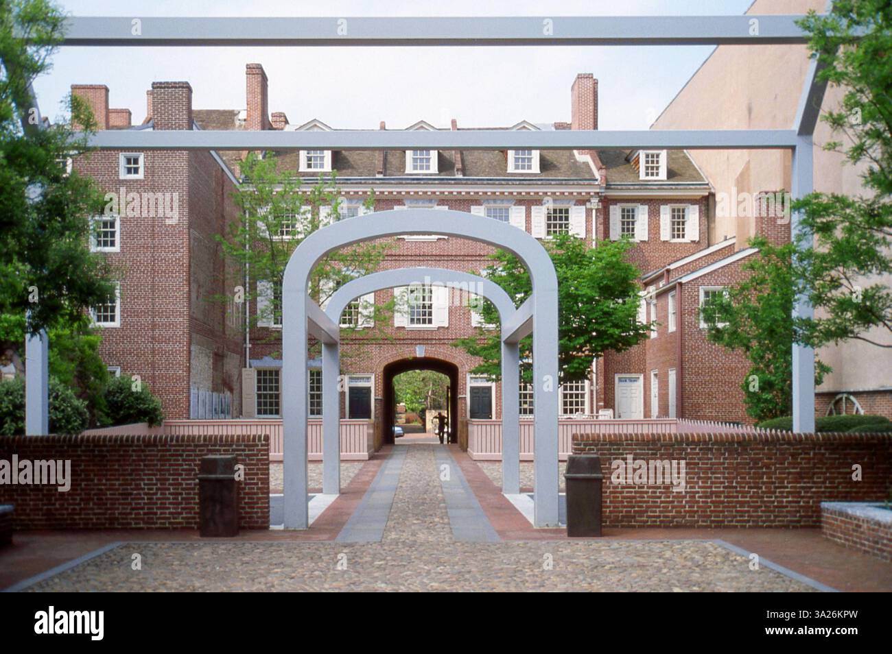 Philadelphia, Benjamin Franklin Museum designed by Venturi and Rauch and photographed in 1984 on FUJI positive film. Ghost structure made of painted iron and representing Franklin's home located in the center of museum court. Stock Photo