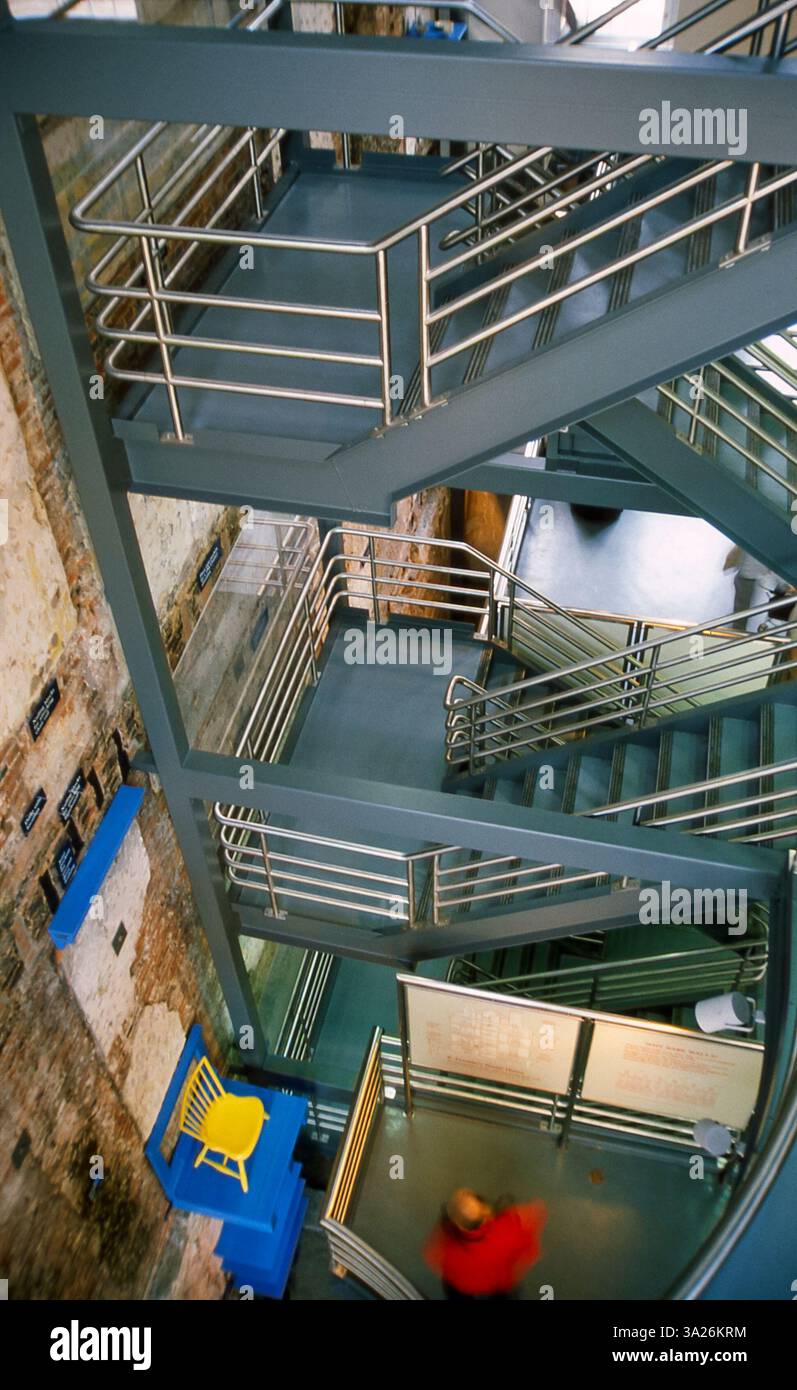 Steel staircase inside Benjamin Franklin Museum located in Philadelphia, designed by Venturi and Rauch and photographed in 1984 on FUJI positive film. Stock Photo