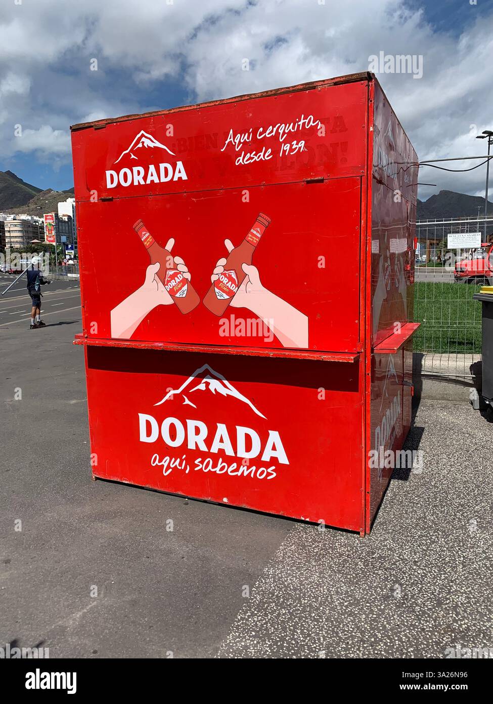 Santa Cruise Tenerife Canary Islands Spain port sign signs beer drink name statue mother and child  cactus outside ship boat cruise liner mountains - Smartphone Captured Stock Image