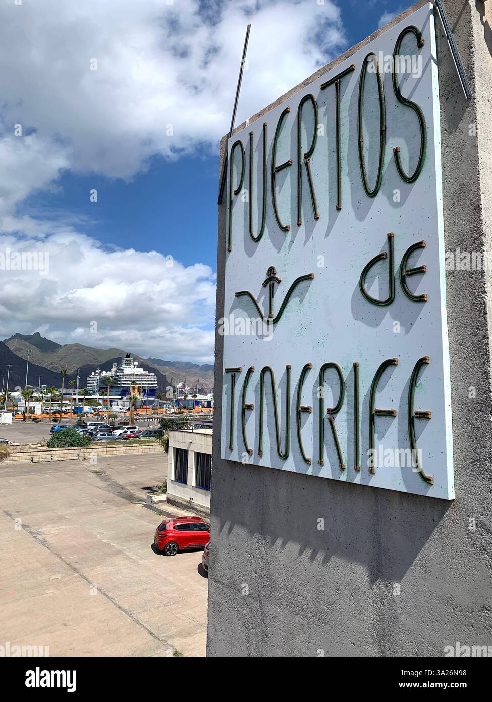 Santa Cruise Tenerife Canary Islands Spain port sign signs beer drink name statue mother and child  cactus outside ship boat cruise liner mountains - Smartphone Captured Stock Image