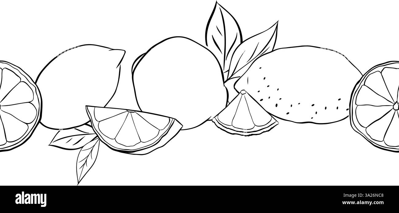 Lemons whole, slices and leaves horizontal seamless border background ...