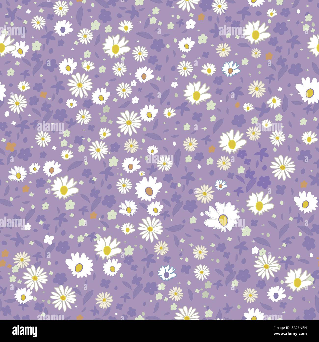 Seamless cute daisies and colorful flowers pattern lilac background Stock Vector