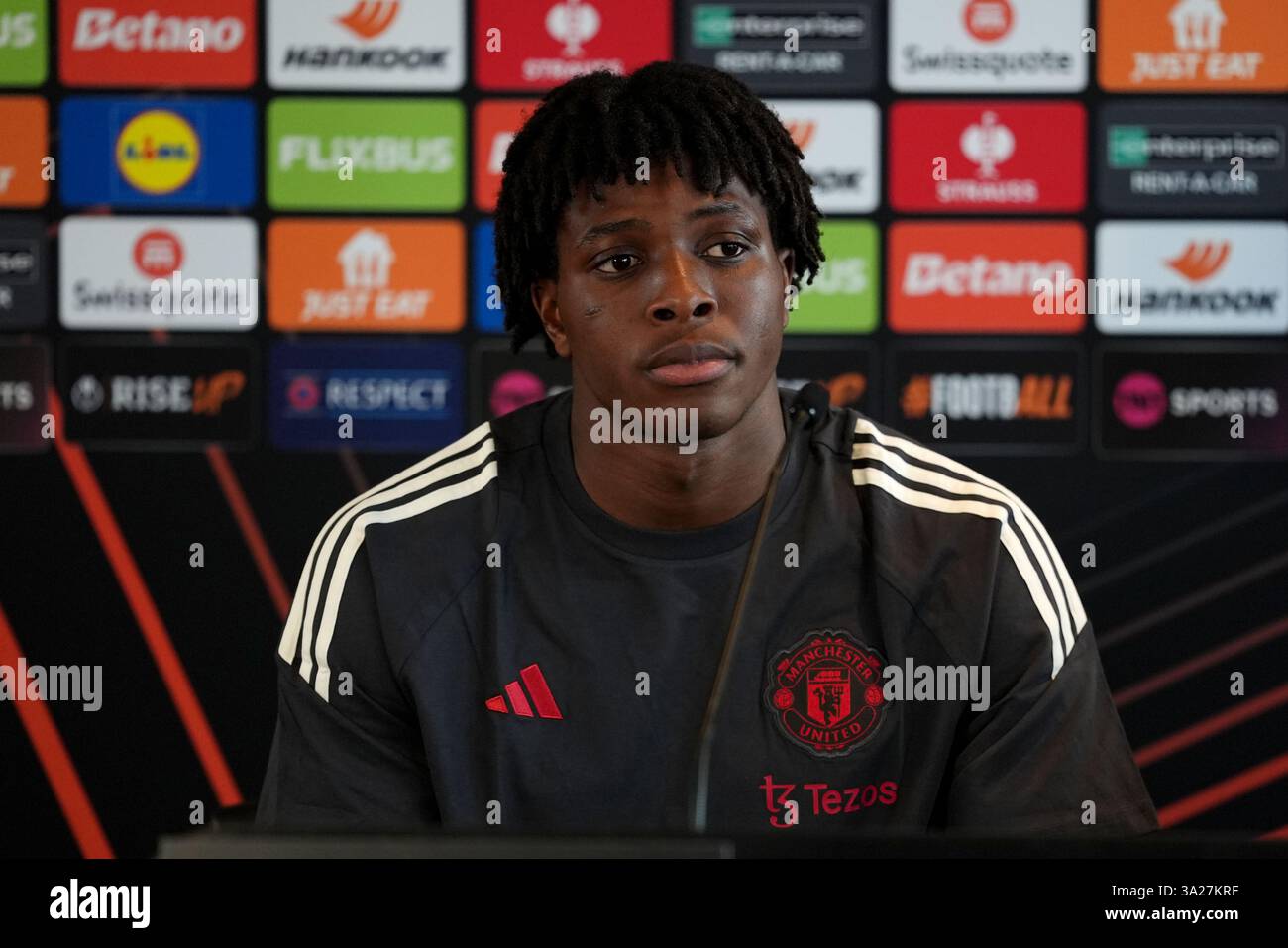 Manchester United's Patrick Dorgu during a press conference at Trafford ...