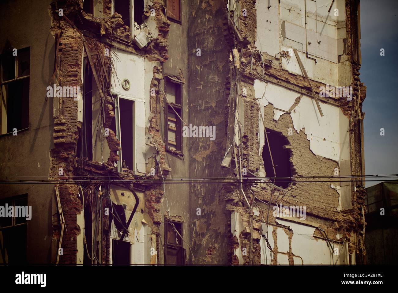 A close-up view of a dilapidated building with crumbling walls and ...