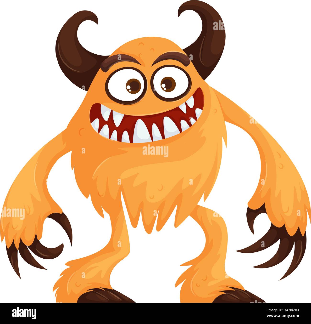Playful cartoon-style orange furry monster with large curved horns, sharp claws, and a wide toothy grin, standing in a mischievous pose. Furry Cartoon Stock Vector