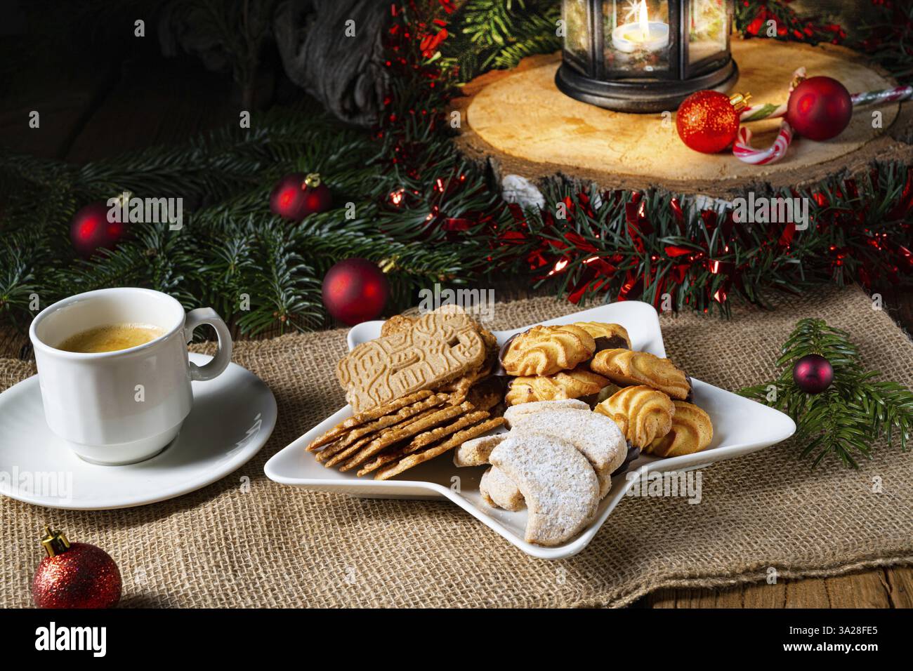 Different types of biscuits with rustic Christmas decorations Stock Photo