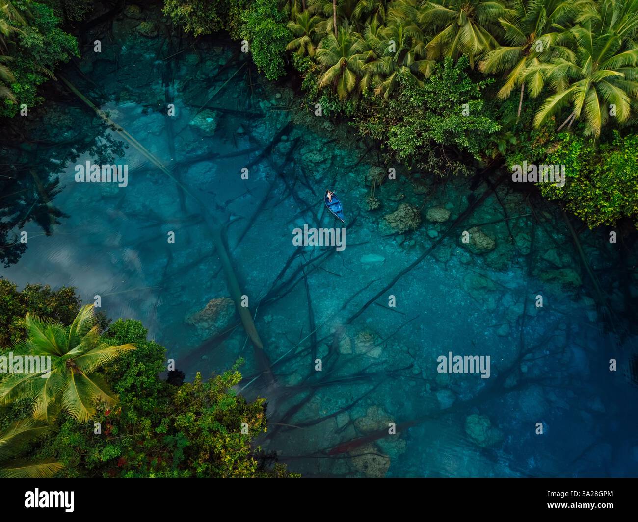 Boat in transparent blue lake with crystal water in tropics. Aerial view Stock Photo