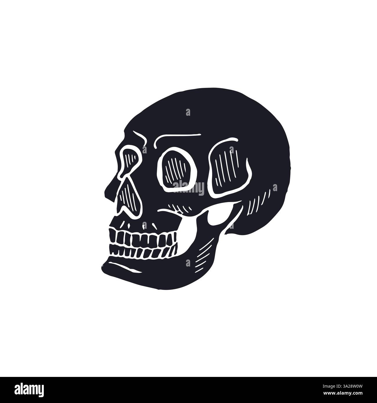 Hand drawn black silhouette human skull isolated on white background ...