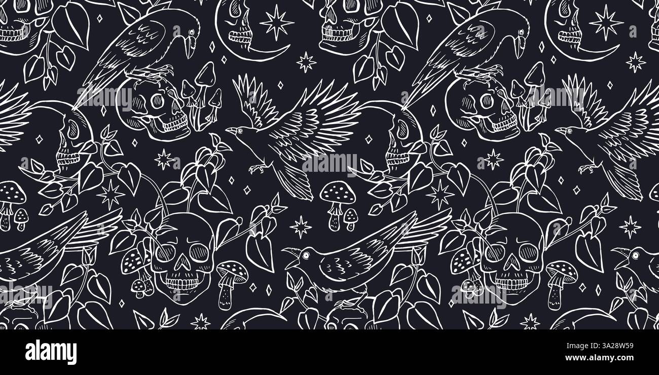 Black and white Seamless pattern with hand drawn inky ravens or crows sitting on human skulls. Monochrome Celestial Skeleton heads in forest foliage Stock Vector