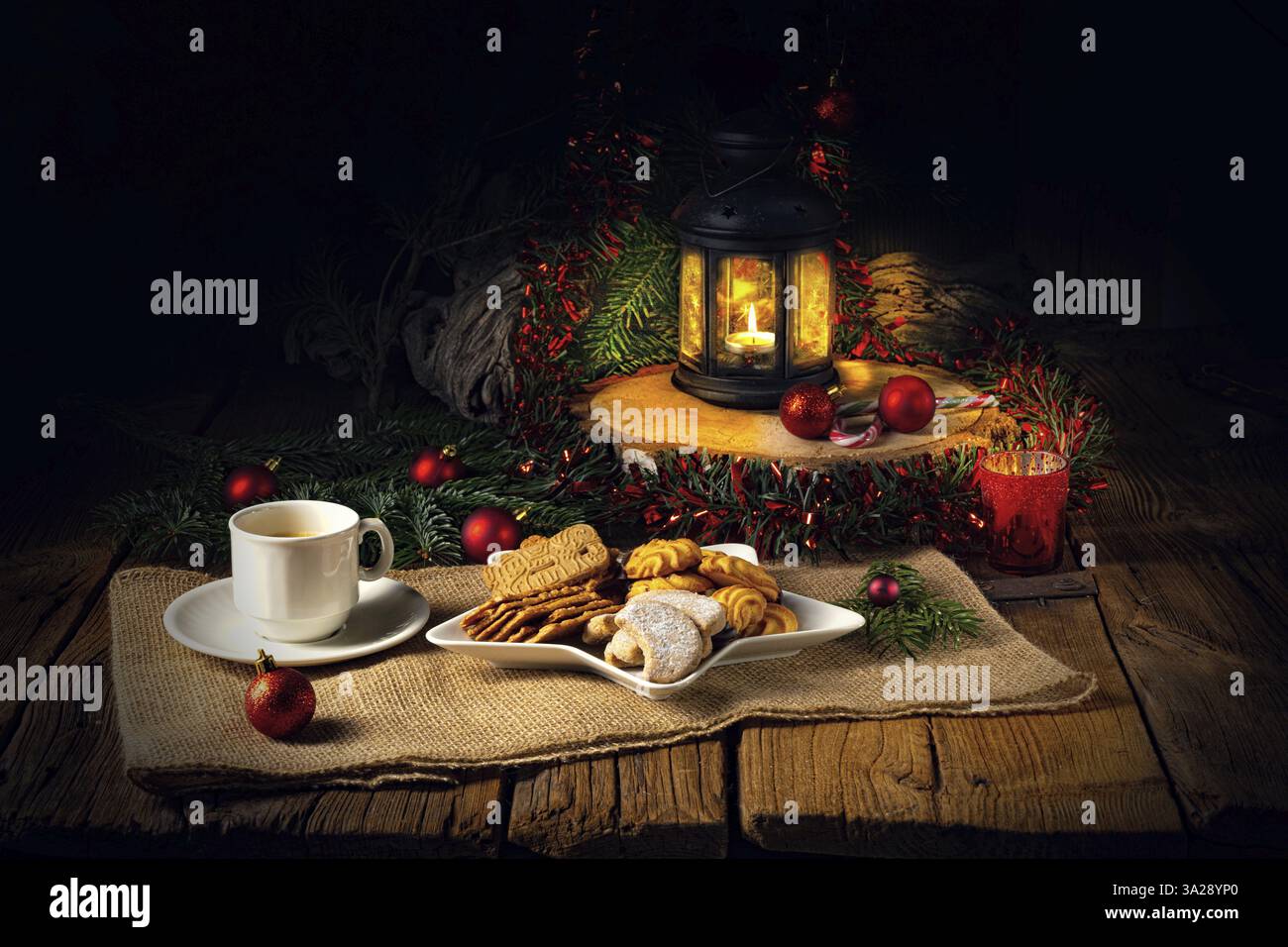 Different types of biscuits with rustic Christmas decorations Stock Photo