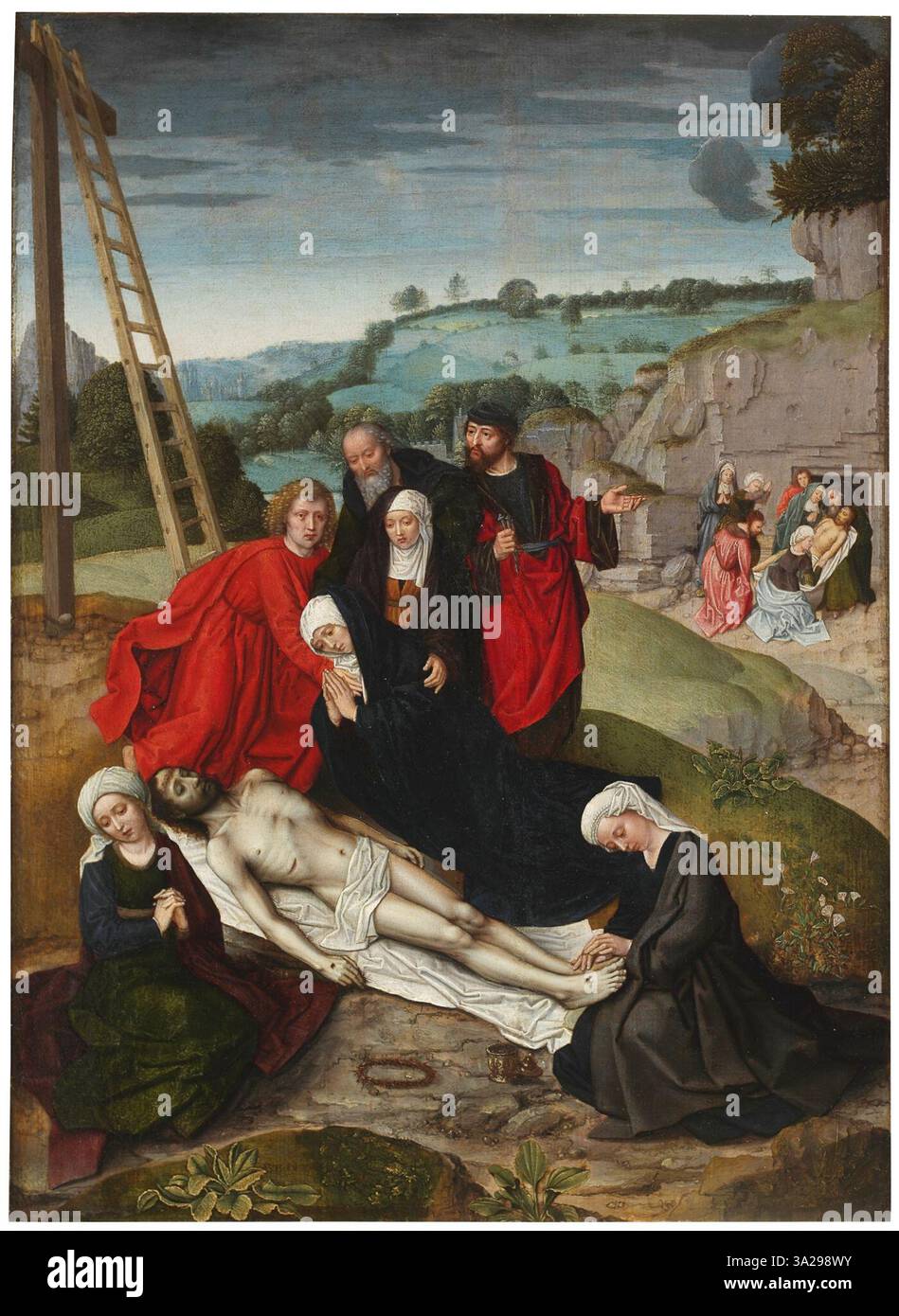 This emotional depiction shows mourners weeping over the lifeless body of Christ. The scene conveys the sorrow and grief of those witnessing the aftermath of the crucifixion. The figures are positioned around Christ, their expressions reflecting deep loss and reverence for the deceased Savior. Stock Photo