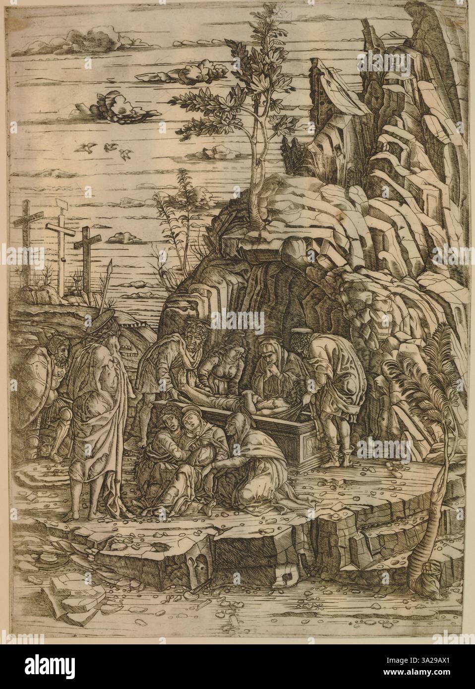 A reproduction of Mantegna’s Entombment, capturing the somber scene of ...