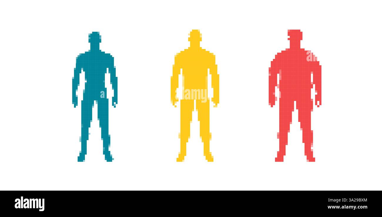 Three pixel art silhouettes in different colors display artistic ...