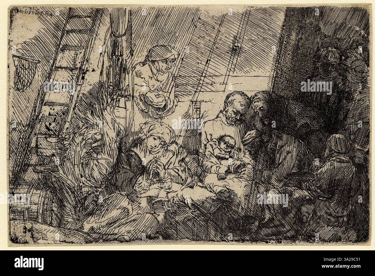 A Rembrandt etching featuring his characteristic use of contrast and ...