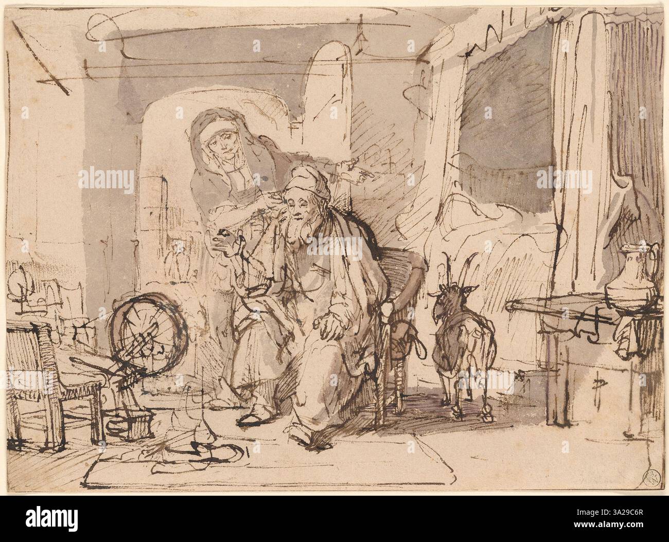 This scene from the Book of Tobit depicts the blind Tobit with his wife Anna and their son Tobias, with the symbolic presence of a goat. The artwork highlights the familial bond and the moment of divine intervention. Stock Photo