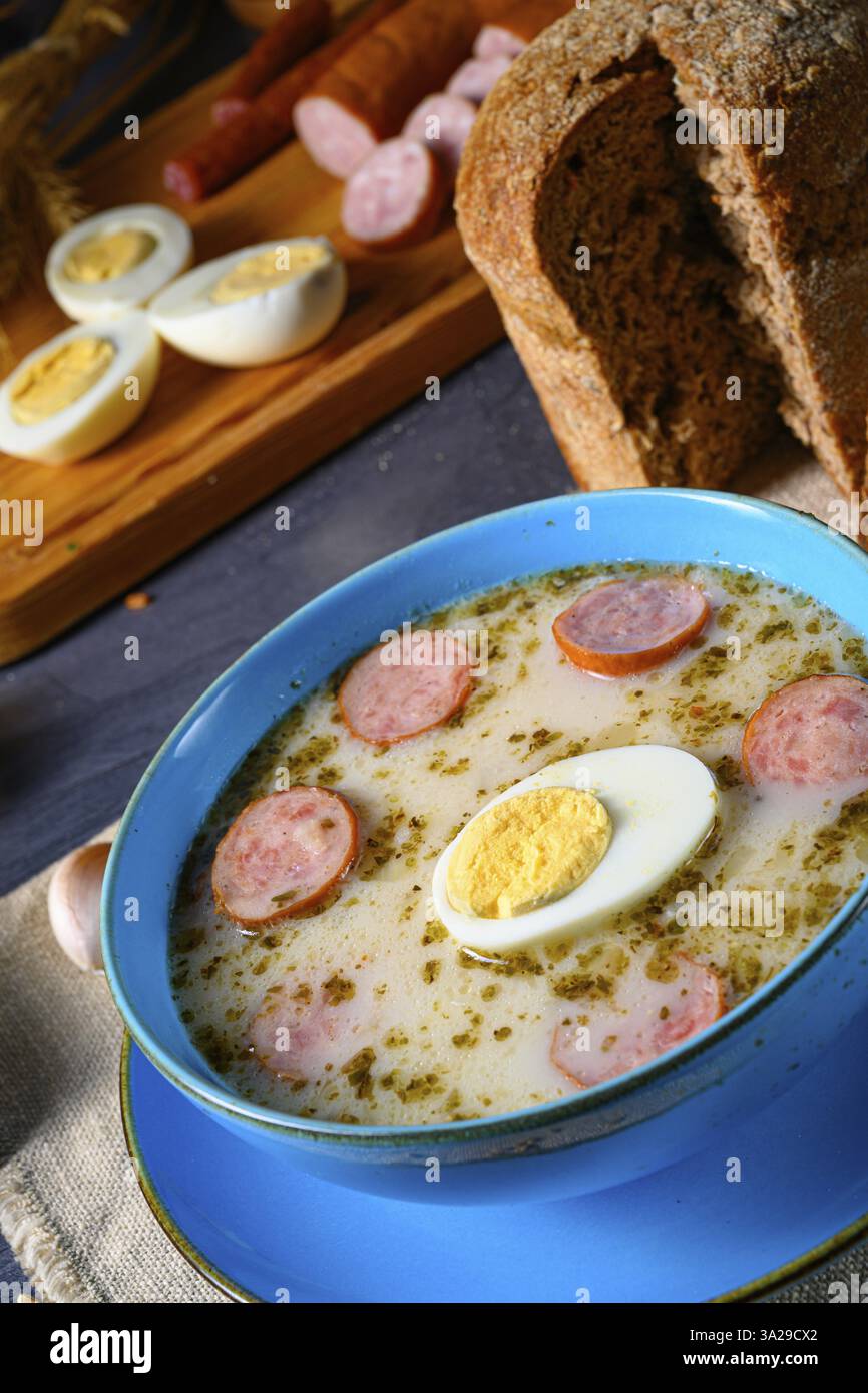 Easter in Polish: sour flour soup for Easter breakfast (?urek) Stock Photo