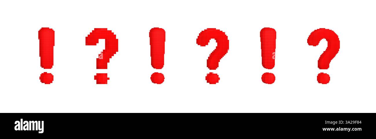 Pixelated red exclamation and question marks on white background, bold digital punctuation Stock Vector