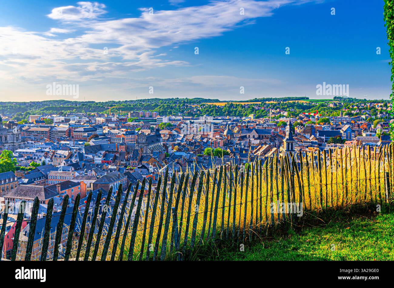 Namur cityscape and wooden fence, aerial view of old town Namur city historical center with colorful buildings houses, skyline panorama of Namur with Stock Photo