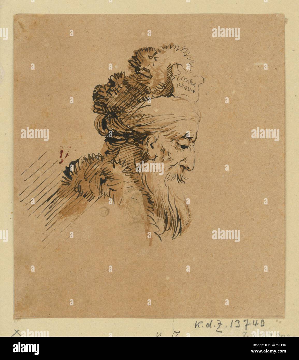 This profile portrait depicts an elderly man wearing a turban ...
