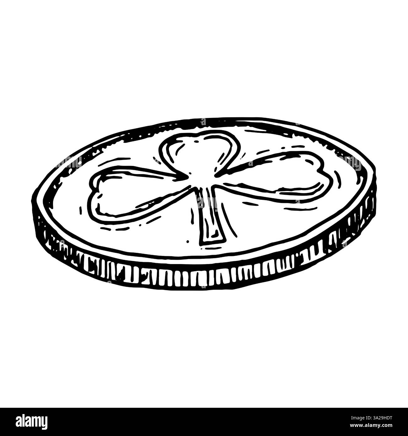 Black and white hand-drawn illustration of a lucky coin featuring a three-leaf clover. Perfect for St. Patrick s Day, Irish folklore, fortune symbols Stock Vector