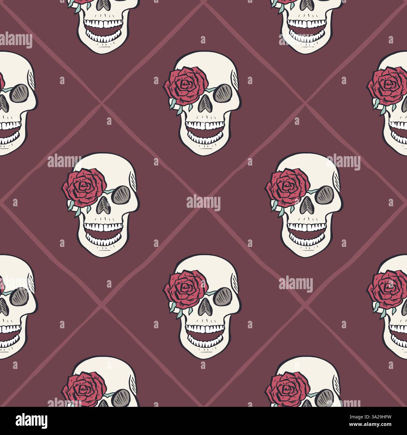 Seamless pattern with hand drawn human skulls and rose flowers inside trellis Stock Vector