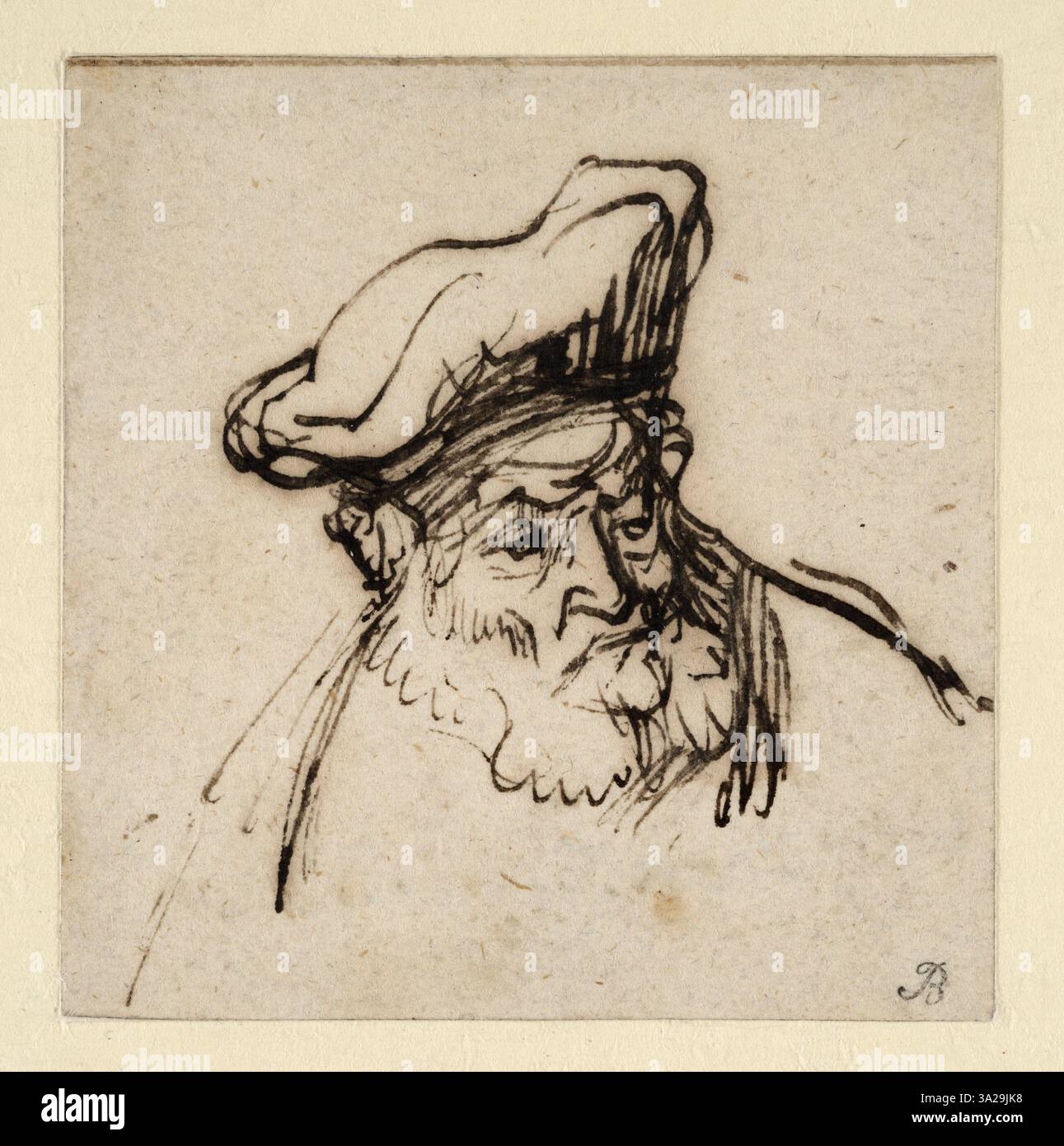This is a frontal portrait of an elderly man with a beard and turban ...