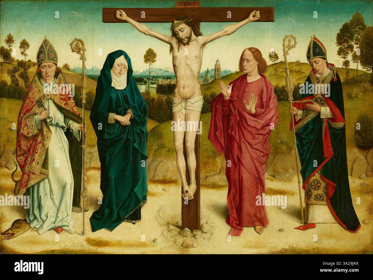 This work by Dieric Bouts shows Christ on the cross between Mary and ...