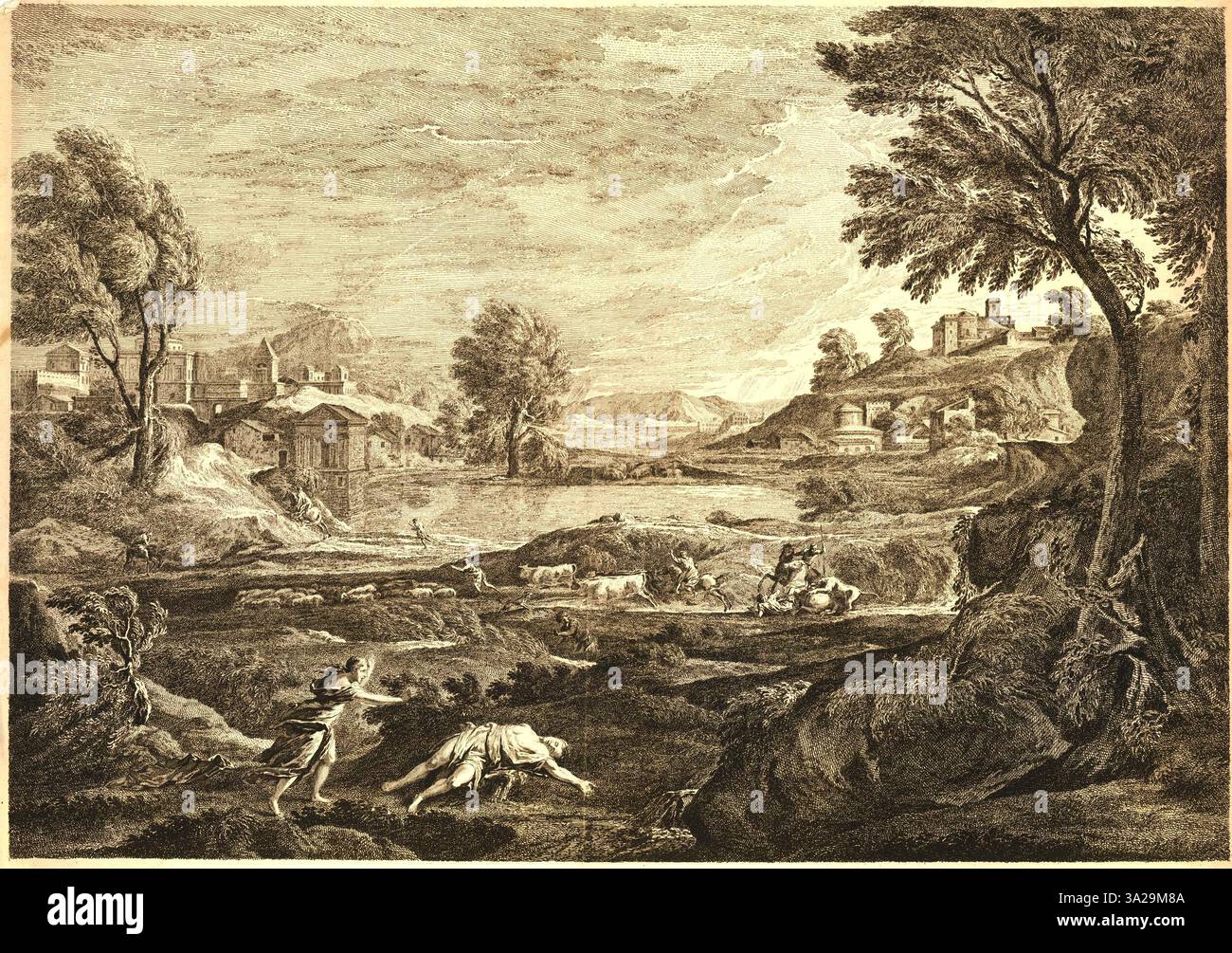 Jean Baptiste Chatelain’s engraving, based on Nicolas Poussin’s work, illustrates a religious scene with classical elements and Baroque style. Stock Photo