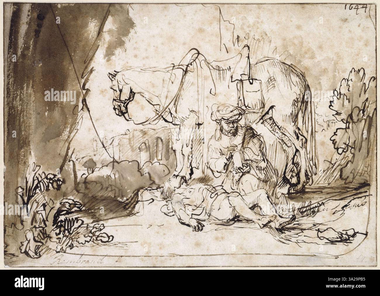 The painting shows the Good Samaritan tending to an injured man ...