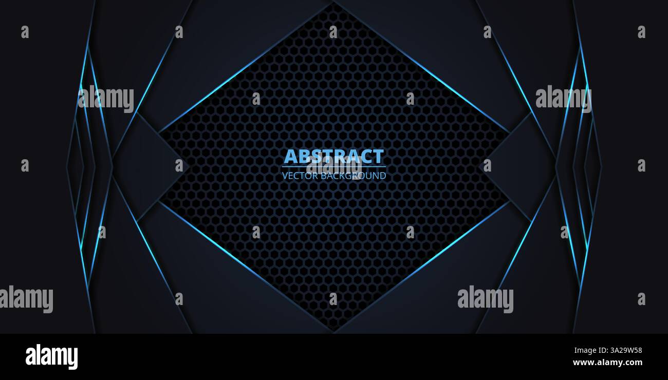 Dark abstract vector background with hexagon grid and blue luminous ...