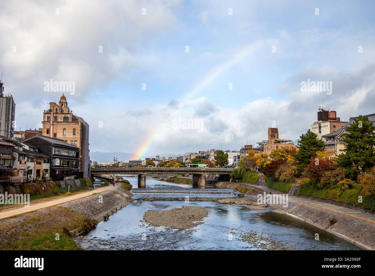 Rainbow in the sky at the River Kamo in Gion Kyoto, Japan. Stock Photo
