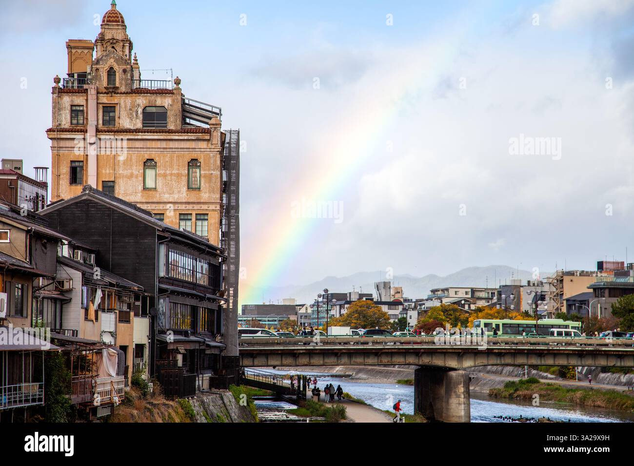 Rainbow in the sky at the River Kamo in Gion Kyoto, Japan. Stock Photo