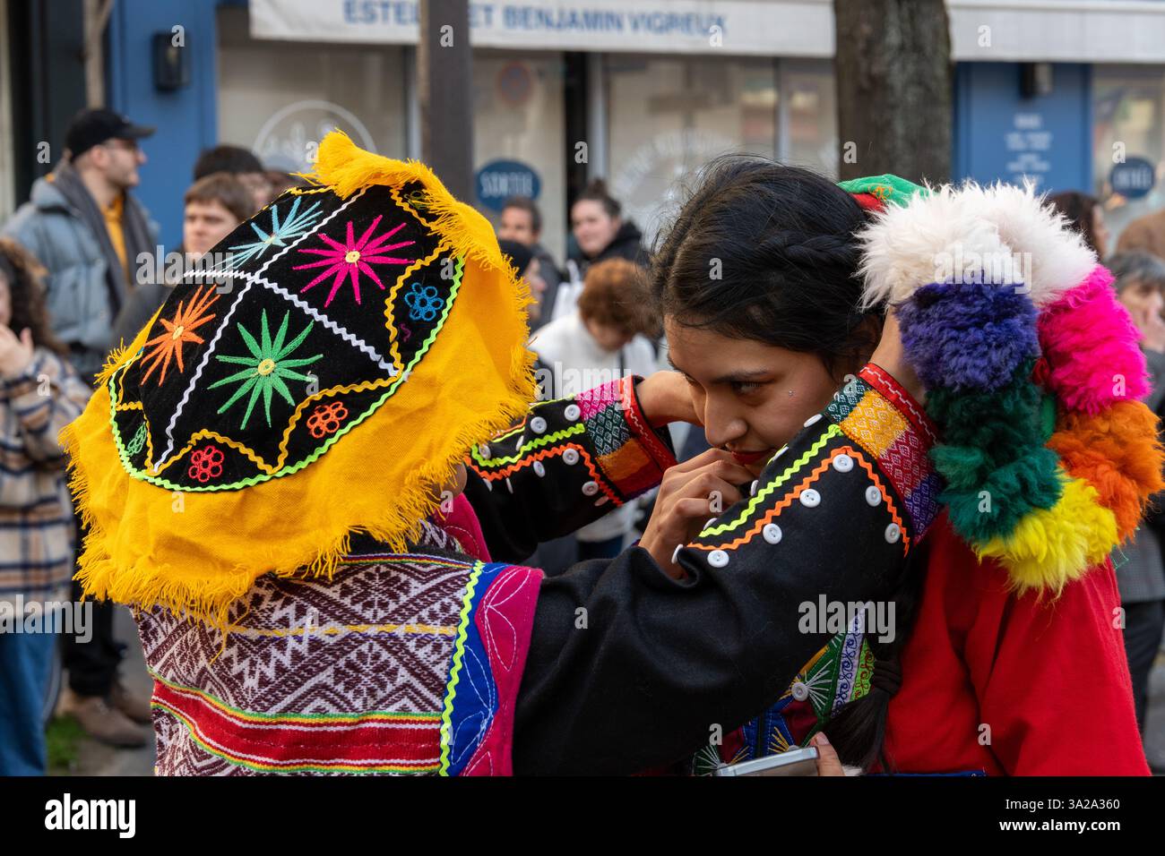 Celebratory moments at Paris Carnival 2025 filled with vibrant colors and cultural expressions amidst a lively crowd Stock Photo