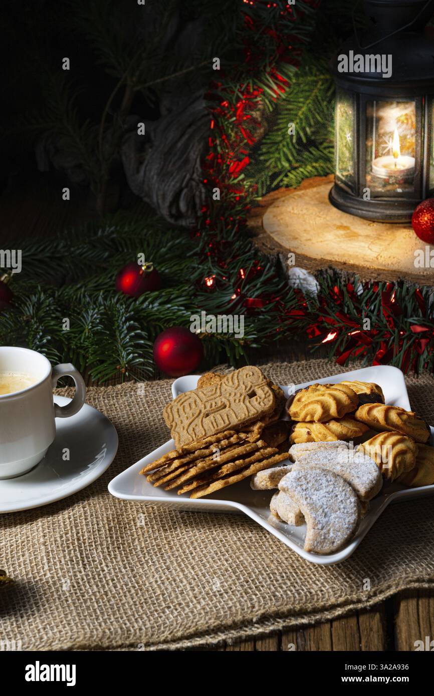 Different types of biscuits with rustic Christmas decorations Stock Photo