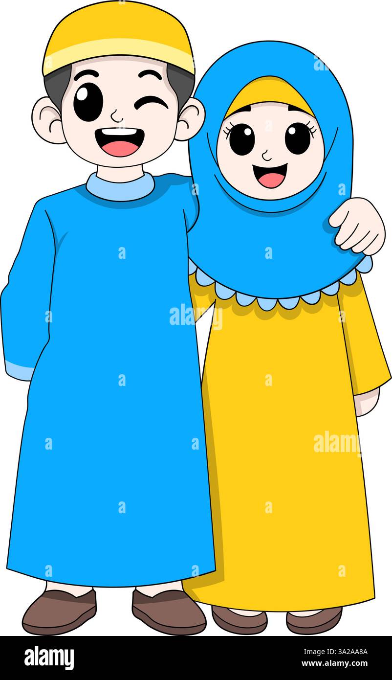 A cheerful Muslim boy wearing a blue robe and yellow cap stands beside ...