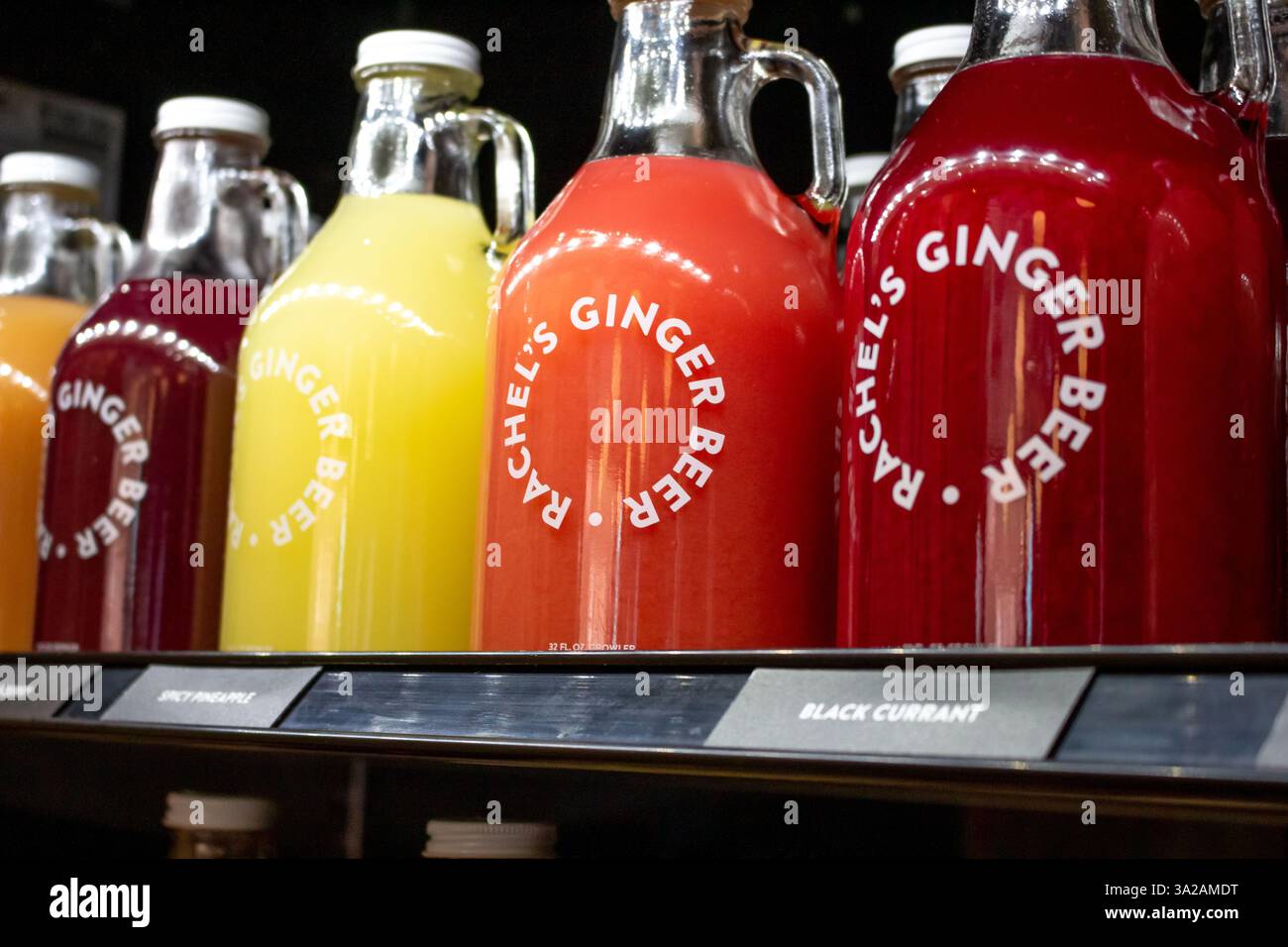 Seattle, Washington, United States - 04-29-2019: A view of several flavors of ginger beer crowler, on display at Rachel's Ginger Beer restaurant. Stock Photo