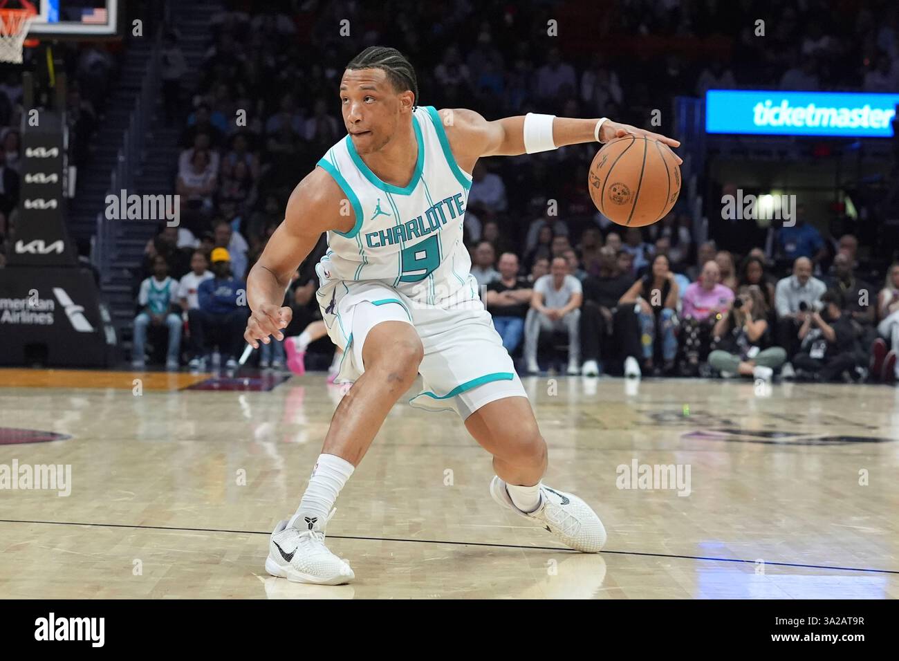 Charlotte guard Wendell Moore Jr. (9) dribbles the ball during the second half of an NBA