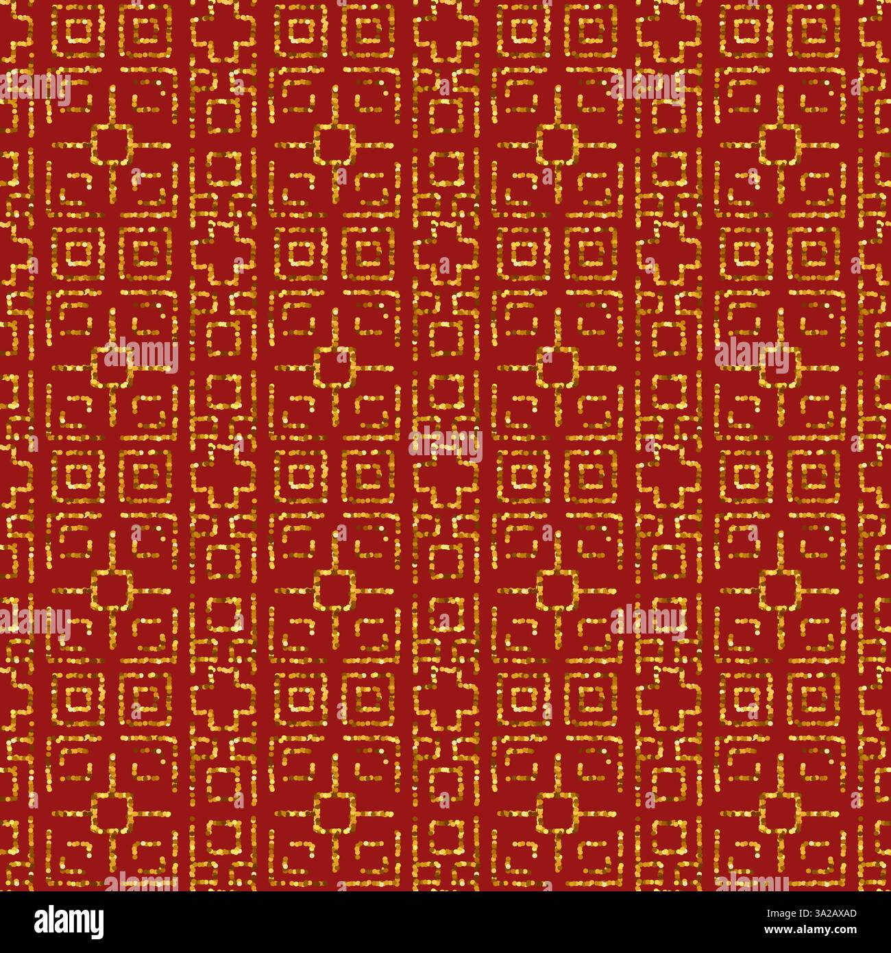 Geometric Gold Vector Seamless Pattern With Ornamental Elements On A Red Background, Inspired By Traditional Chinese Design. Stock Vector