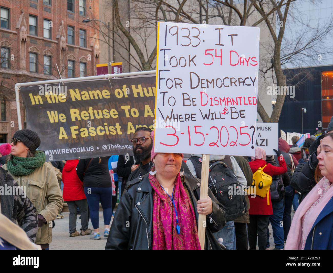 Protest against Donald Trump, Elon Musk, DOGE & Tesla. Chicago, Illinois. March 8, 2025 Stock