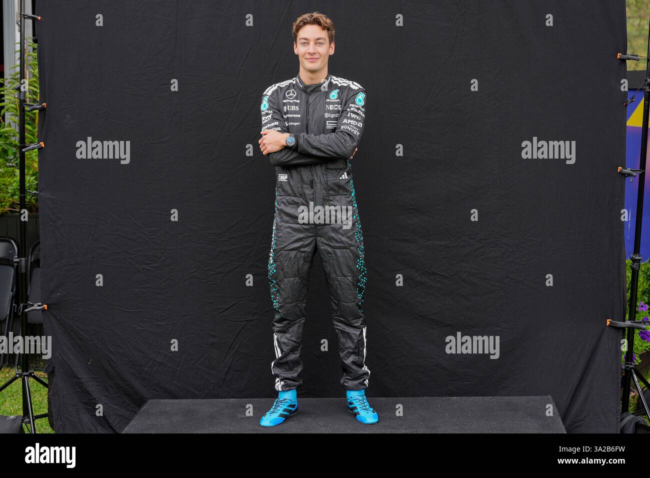 Mercedes driver George Russell of Britain poses for the drivers ...