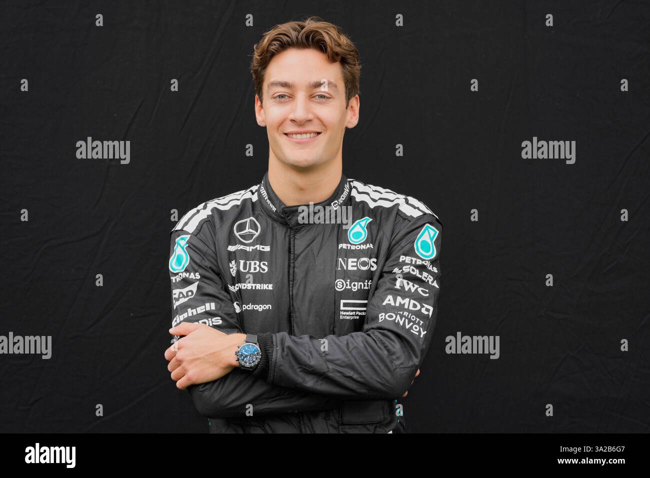 Mercedes driver George Russell of Britain poses for the drivers ...