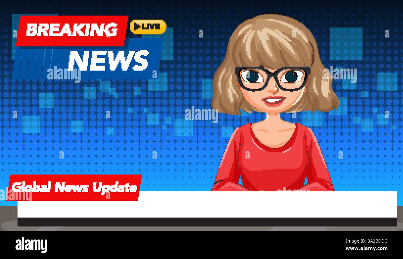 Vector illustration of a cartoon news anchor with glasses, set against ...