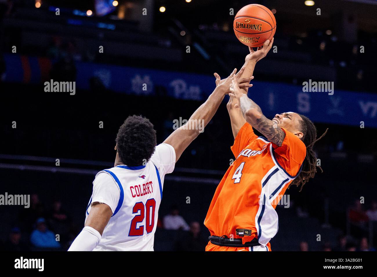 Charlotte, NC, USA. 12th Mar, 2025. Southern Methodist Mustangs forward Jerrell Colbert (20) fouls Syracuse Orange forward Chris Bell (4) during the second half of a second round match at the Men's ACC Tournament at Spectrum Center in Charlotte, NC. (Scott Kinser/Cal Sport Media) (Credit Image: © Scott Kinser/Cal Sport Media). Credit: csm/Alamy Live News Stock Photo